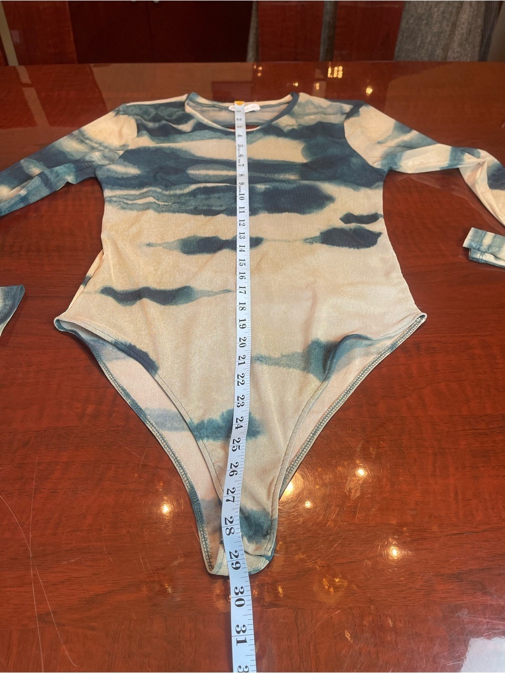 Zara Sheer Mesh Open Back Bodysuit Sz L Watercolor Abstract Tie Dye Long Sleeve - Picture 7 of 8